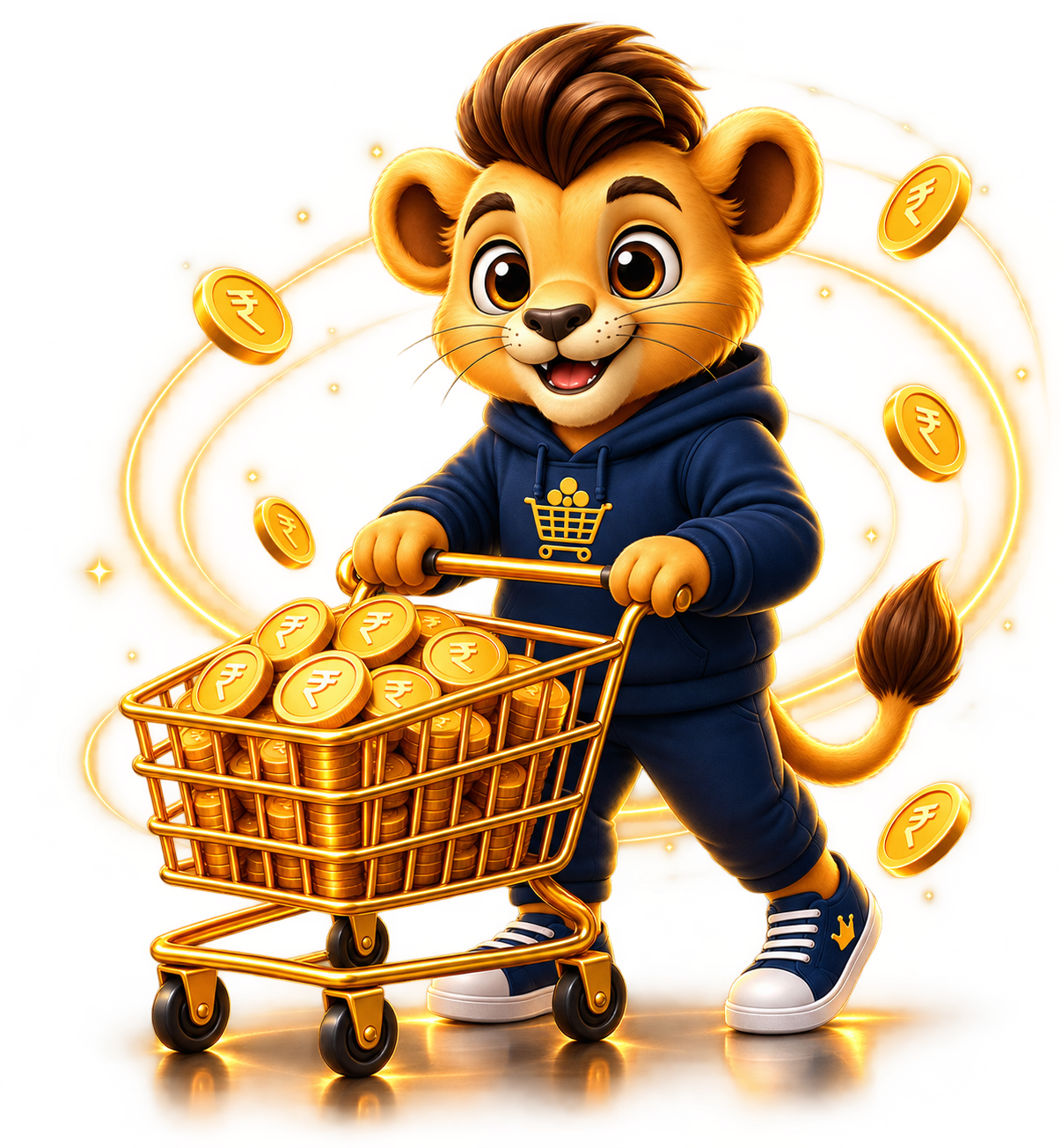 CashCub Mascot pushing a shopping cart full of coins